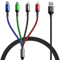 Multi Charging Cable 4A [5Ft 2Pack] Multi Charging Cord Braided 4 in 1 Fast Charger Cable Multi USB Cable Adapter with IP/Type C/Micro USB Port for Ce