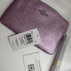 New Retired Coach Metallic Lilac Crossgrain Leather Corner Zip Wallet Clutch Purse CP439
