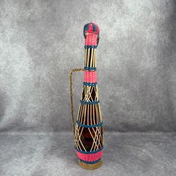 VTG BOHO Scoubidou WOVEN Wrapped Wine BOTTLE Decanter MCM Plastic Handle & Lid
