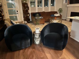 Pair of Modern Dark Peacock Blue Velvet Barrel Accent Swivel Chairs