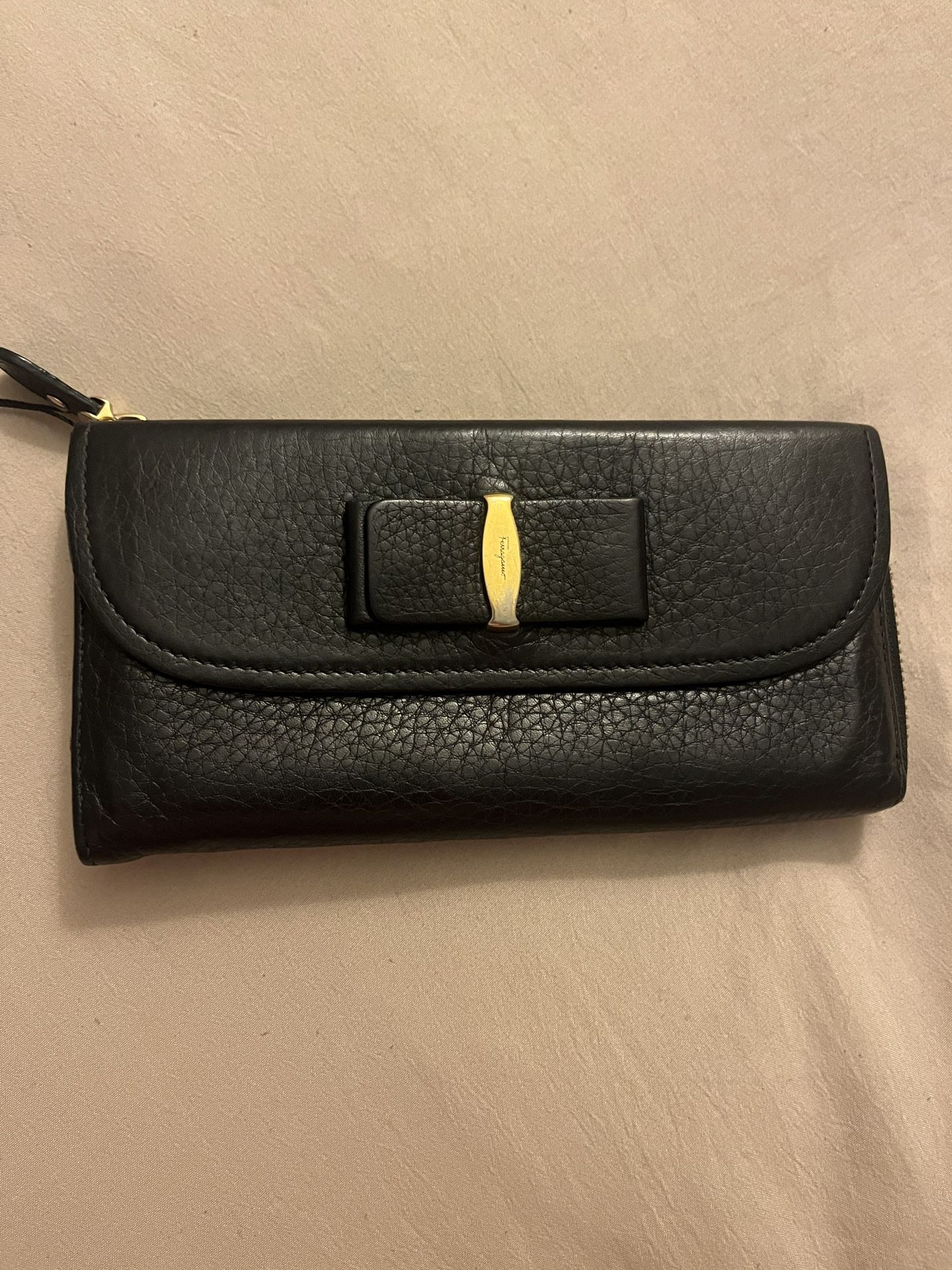 Black Leather Zip Around Wallet with Gold Accent