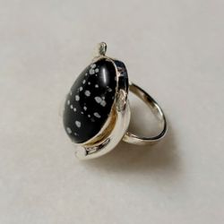 Snowflake Obsidian Sterling Statement Ring Size 6.5 Weighs 6.52 Grams 