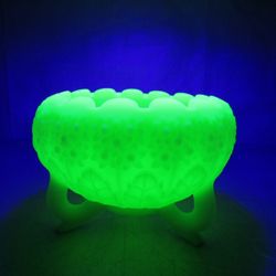 Fenton Vintage Green Satin Uranium Footed Glass Bowl Raised Flowers & Leaves
