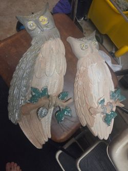 2 vintage mid century cast metal Owl wall hangings