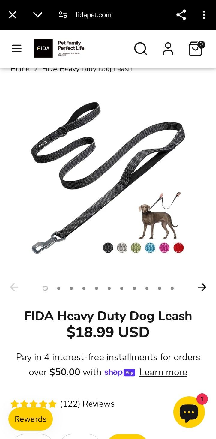 Fida Dog Leash -6ft-Black-New