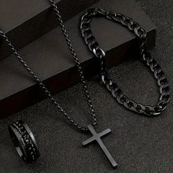 3-Pcs Stainless Steel Black Cross Pendant Necklace + Bracelet + Ring Size 11