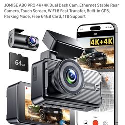 Brand New JOMISE A80 PRO 4K+4K Dual Dash Cam, Ethernet Stable Rear Camera, Touch Screen, WiFi 6 Fast Transfer, Built-in GPS, Parking Mode, Free 64GB C