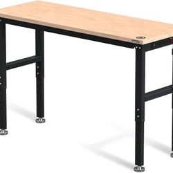 WORKPRO 60" Adjustable Workbench, Rubber Wood Top Heavy-Duty Workstation, 2000 LBS Load Capacity Hardwood Worktable with Power Outlets, for Workshop, 
