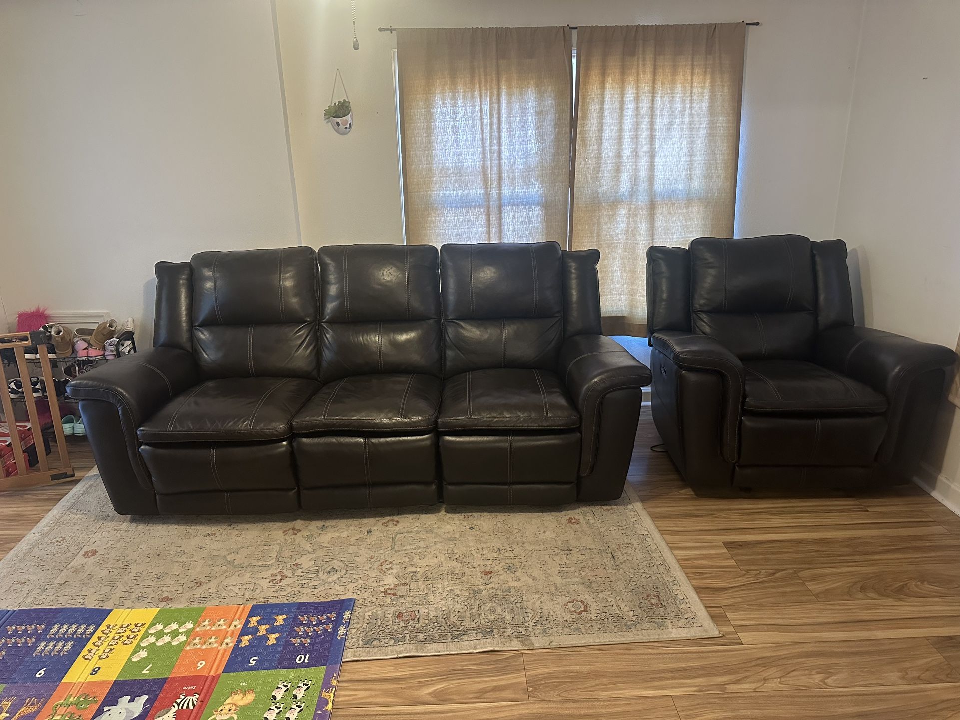 Brown Leather Reclining Couch and Armchair Set