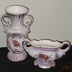 X2 VINTAGE ORNATE IRIDESCENT HAND PAINTED ROSE FLORAL FLOWER VASE URN JARDINIERE PLANTER GRAVY DISH SET 