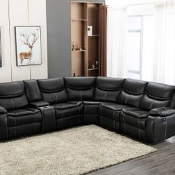 💥AMAZING , GREAT PRICE🔥 Black Air Leather Reversible Sectional Sofa w/ Power & USB