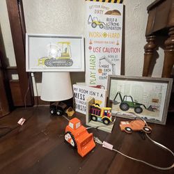 🚧 Boys Construction Room Decor Set – Wall Art, Lamp & More🚜