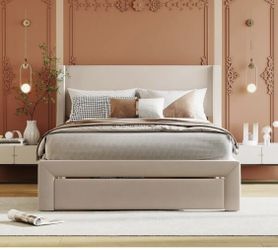 Beige Elegant Velvet Upholstered Storage Platform Bed with Big Drawer, Headboard