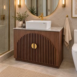 36” Modern Walnut Bathroom Vanity with Vessel Sink & Gold Faucet – $550