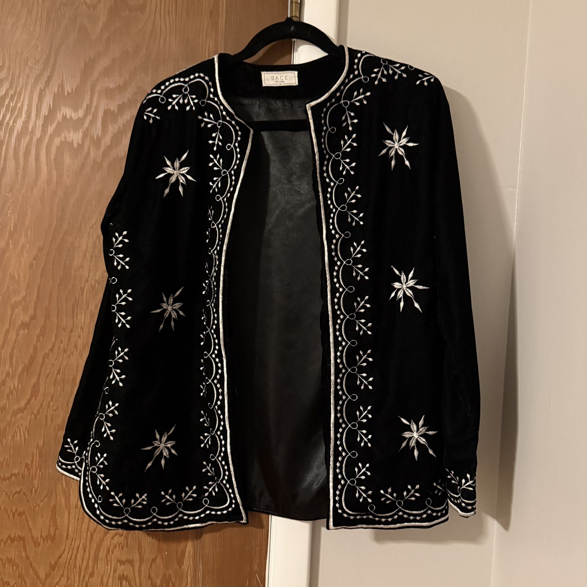 Sage the label M jacket cardigan black open front embroidery