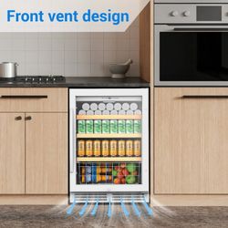 24 inch Beverage Refrigerator,180 Cans Under Counter Beverage Cooler with Glass Door for Kitchen Bar Office,White