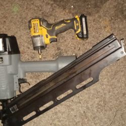 Dewalt Impack With Battery Anditem in the image is a NuMax SFR2190 Pneumatic 21 Degree 3-1/2 in. Framing Nailer. 