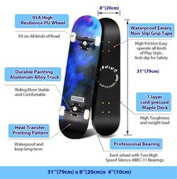 Skateboards- Standard Skateboards for Beginners Kids Boys Girls Teenager- 31''x 8''Canadian Maple Cruiser Pro Skate Board, Skateboards