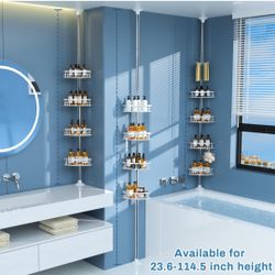 4 Baskets Shower Corner Caddy Shelf w Towel Bar, Bathroom Tension Pole Organizer 2 - 9.5 Ft, Silver