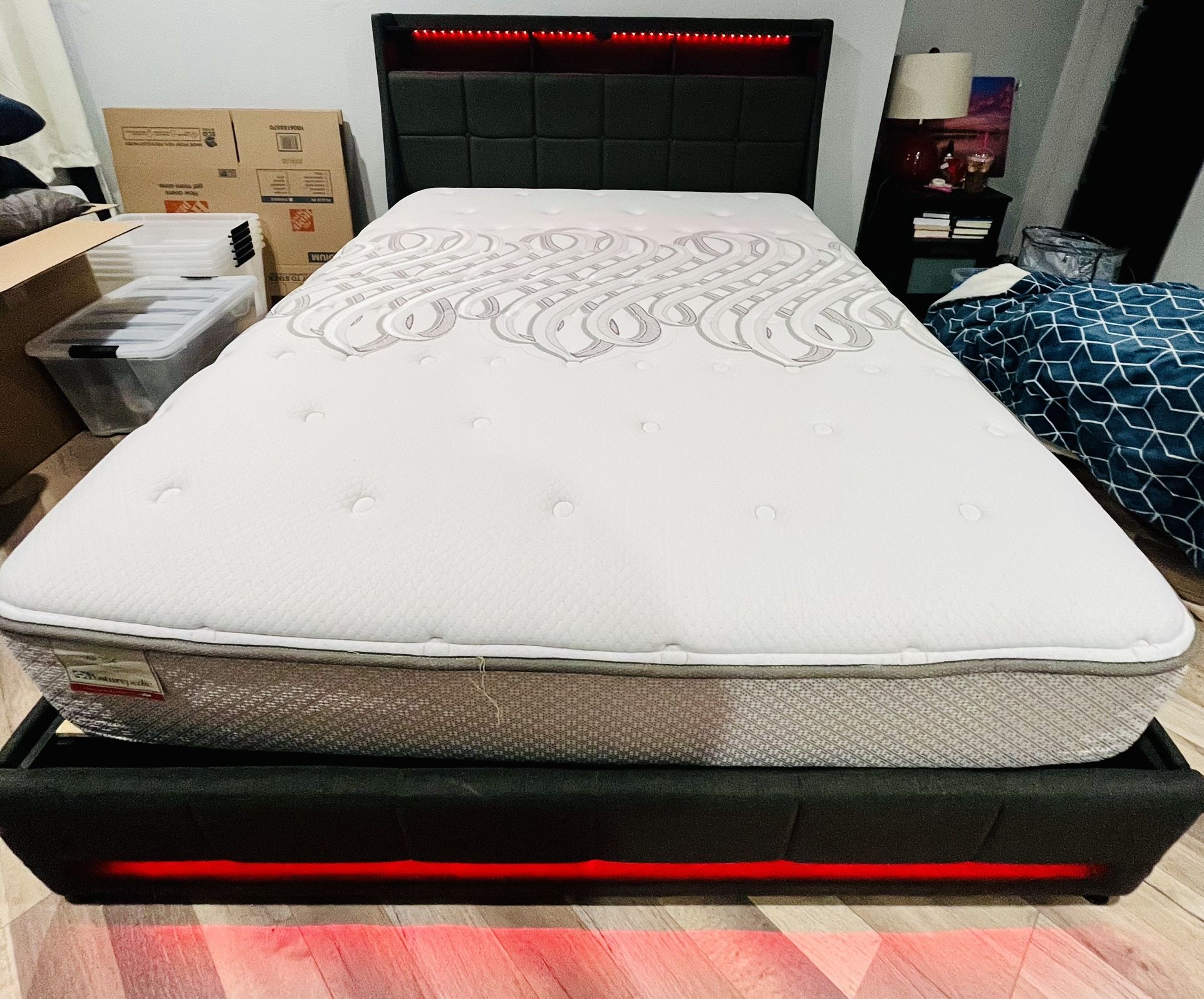 Queen Wayfair Bed Frame- Dyane Upholstered Bed Full Bed Frame with Charging Station and LED Lights