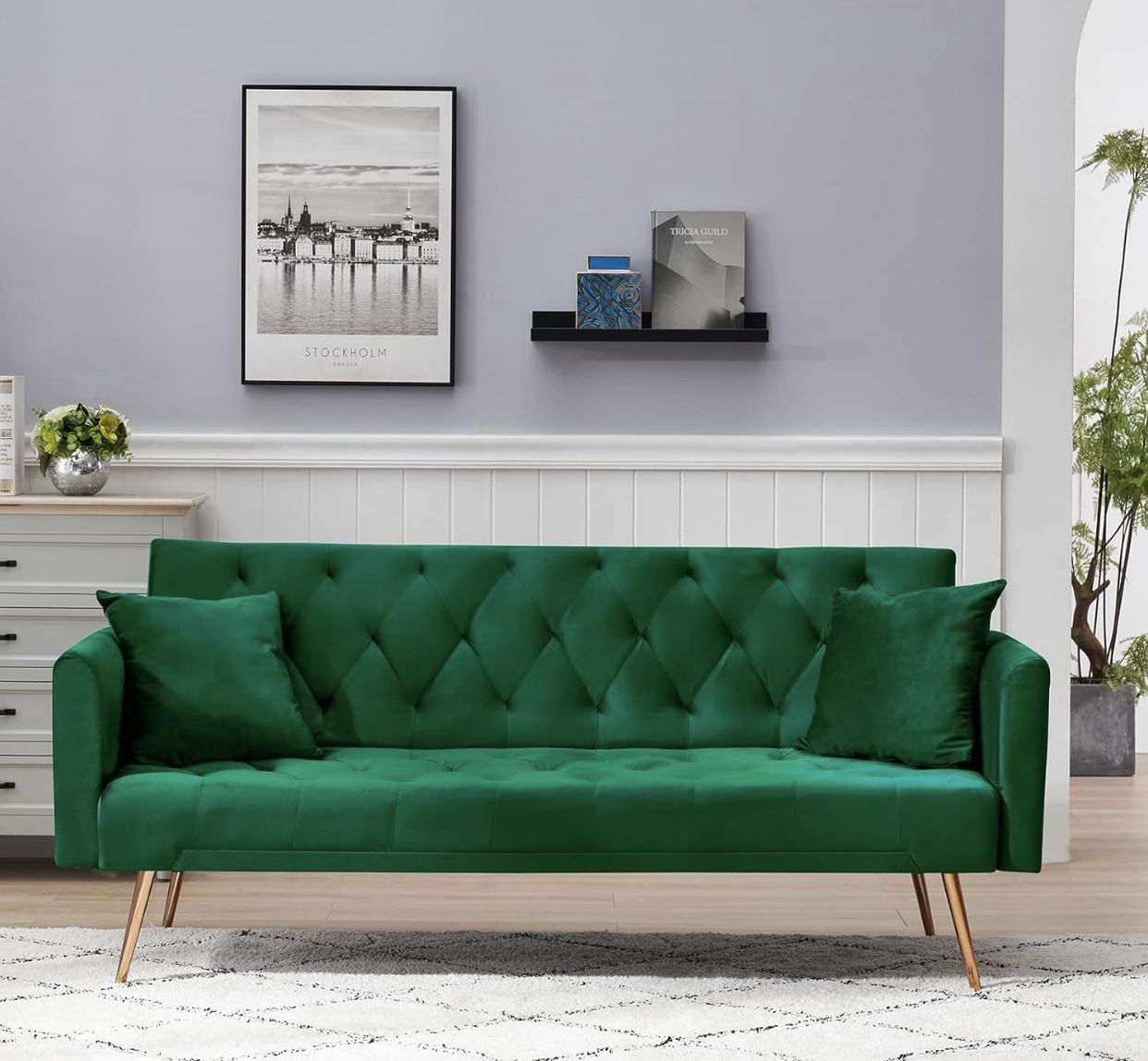 New in box Green Velvet Futon Sofa Bed with 2 Pillows, Convertible Sleeper Sofa Couch