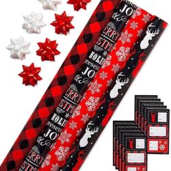 Brandnew Christmas Wrapping Paper Set with Cut Lines, (4 Rolls, 7 Bows, 30 Gift Tags, 120 sq. ft.) 