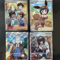 4 Full Art Pokemon Cards - Professor’s Research, Cara Liss, Poke Kid