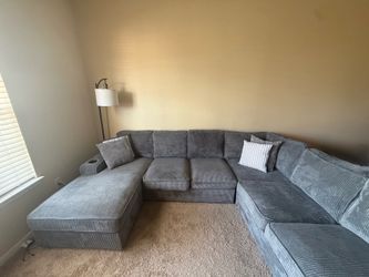 Gray Corduroy‑Style Sectional Sofa w/ Cup Holder + Ottoman+ Charger Port