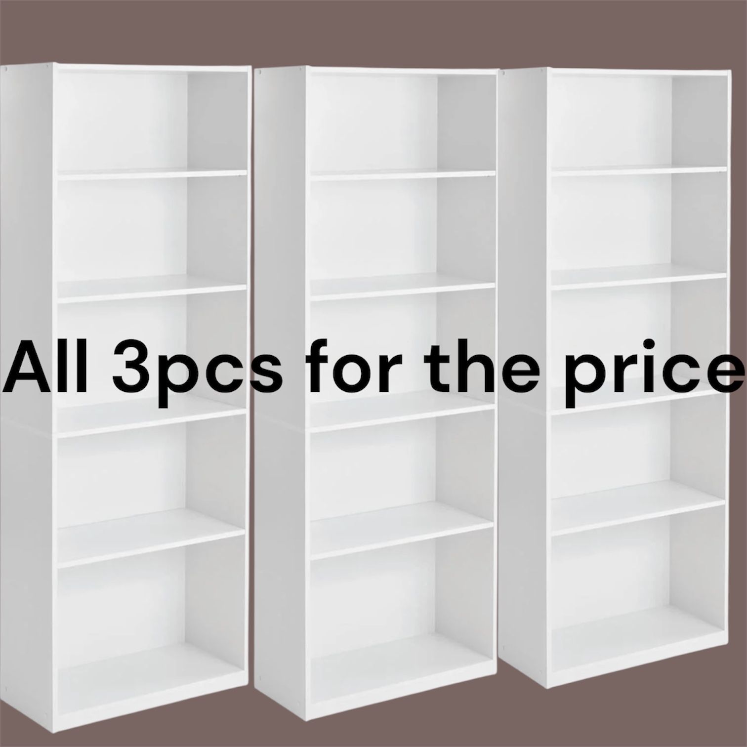 3 pcs   5-Shelf Bookcase with Adjustable Shelves, White