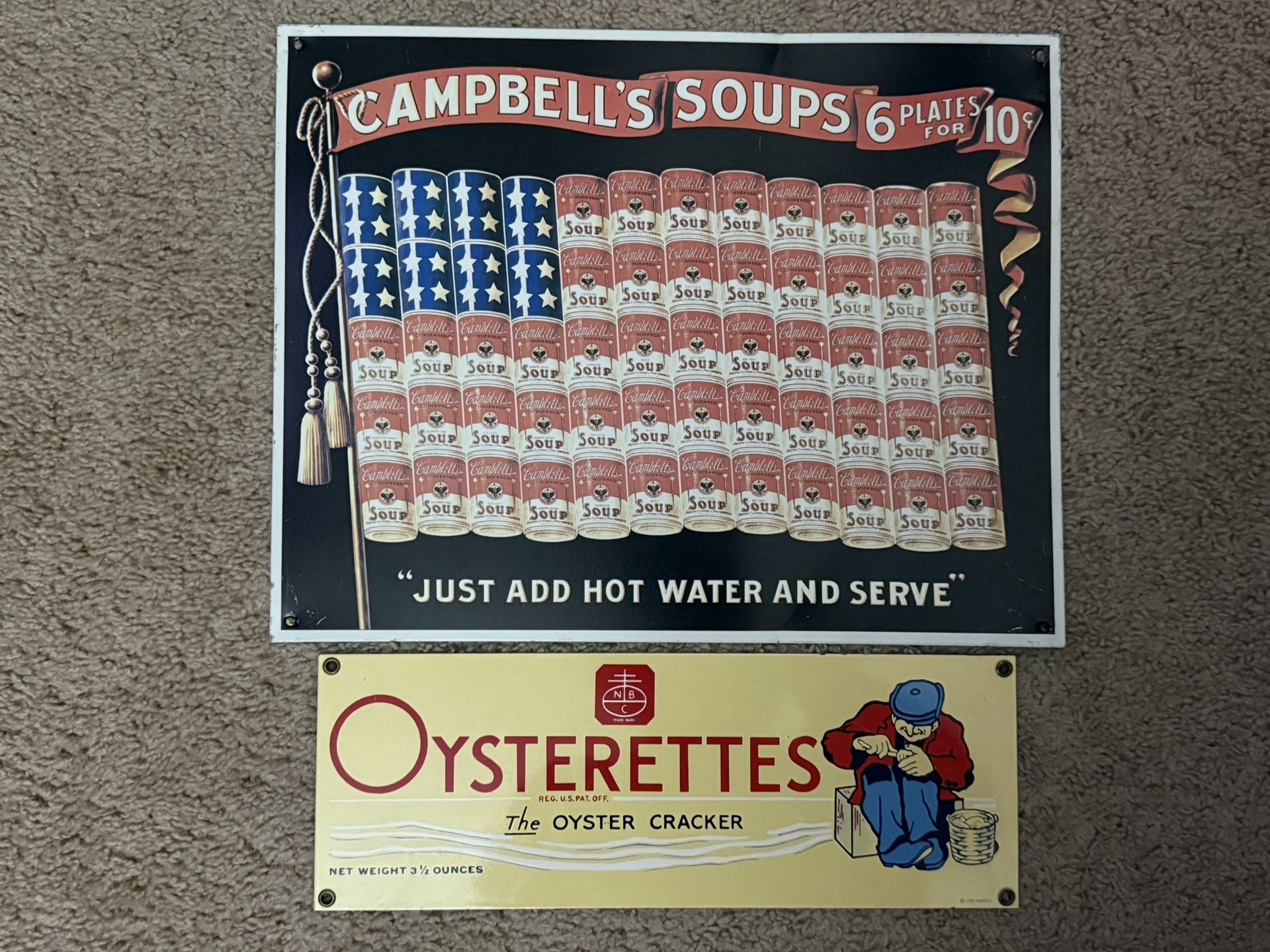 Vintage Ande Rooney Metal Porcelain Advertising Sign Lot - Campbell’s & Oysterettes