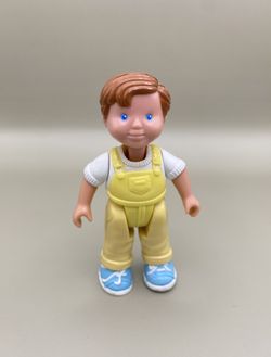 Vintage Fisher Price Loving Family Dream Dollhouse Brunette Boy Doll Figure in Yellow Overalls HTF  