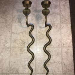 Rare Pair Of Antique Brass Cobra Snake Wall Sconces. 