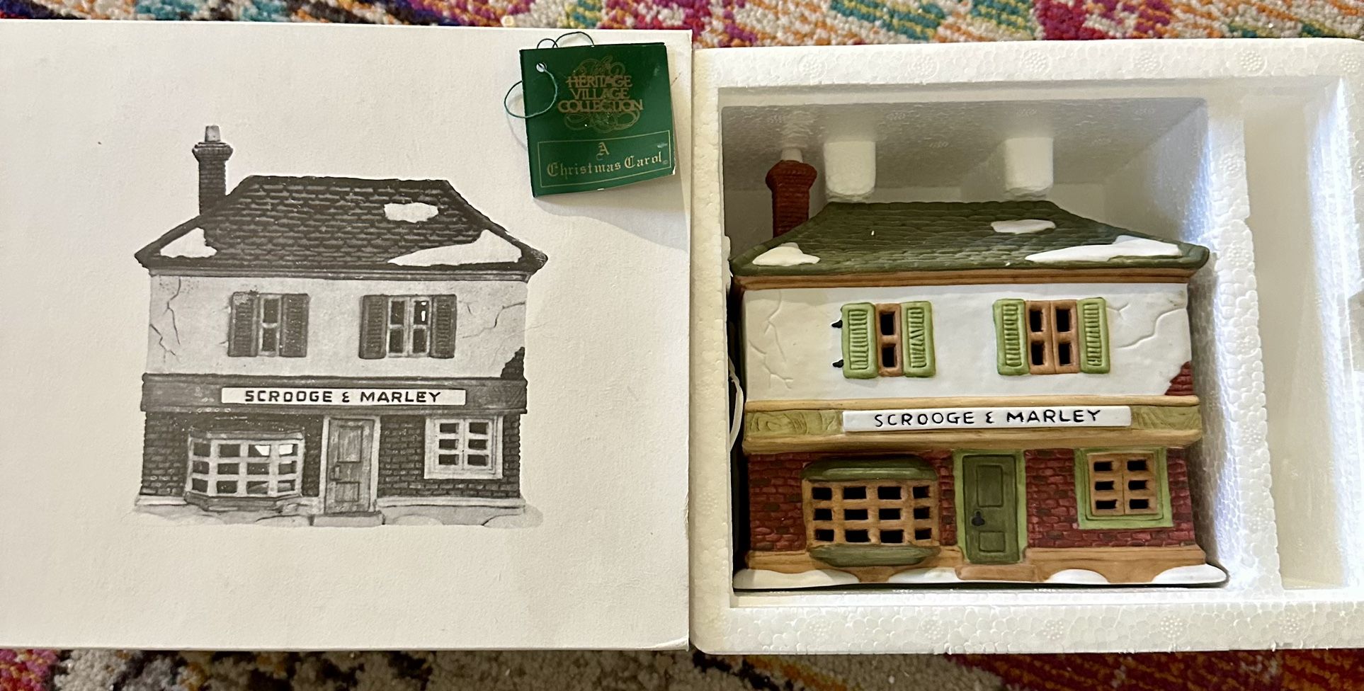 Dept. 56 Heritage Village Collection – Dickens’ Village Series “SCROOGE & MARLEY” – 1985 Hand-painted porcelain.