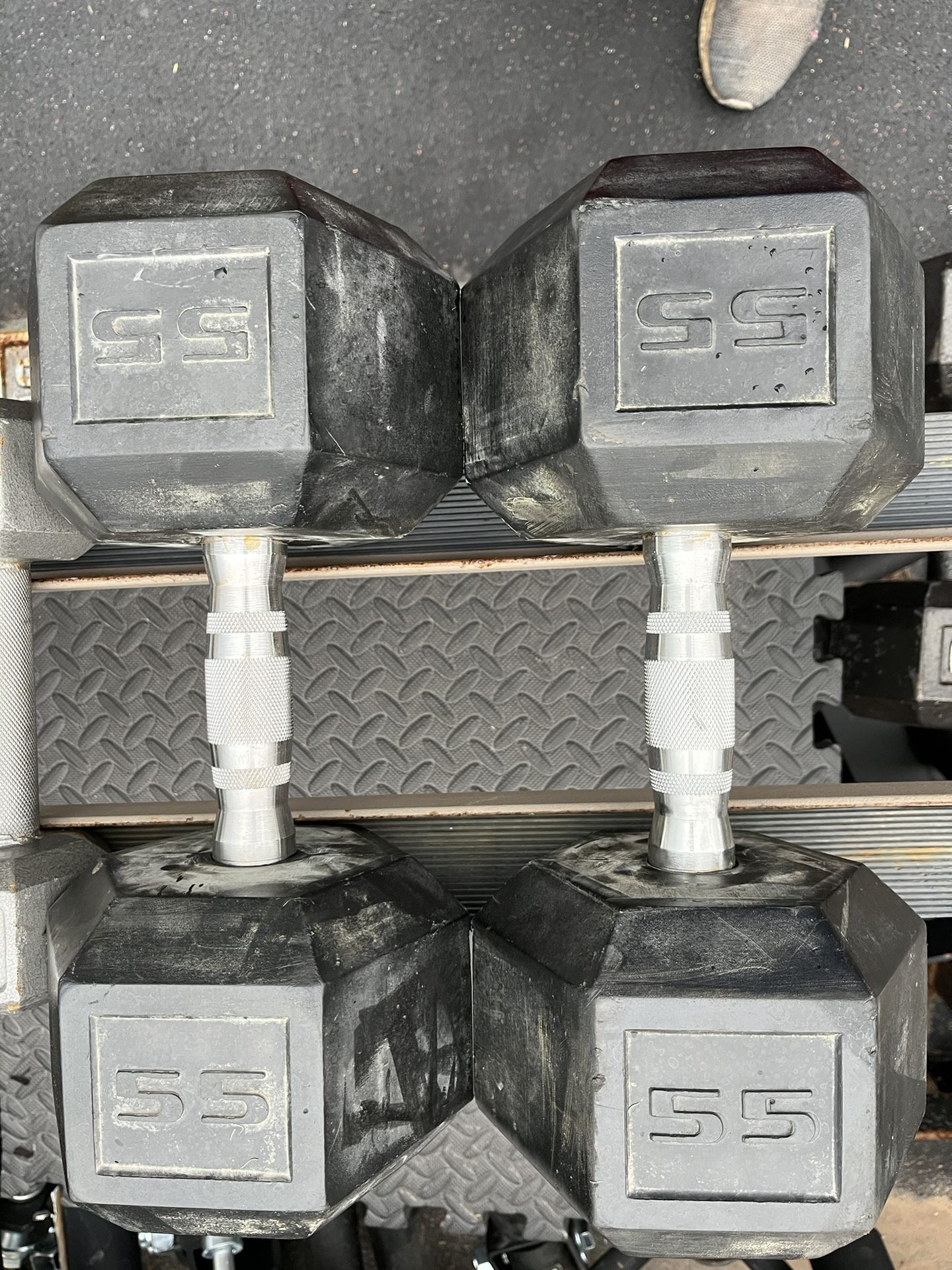 55lb Hex Rubber Dumbbell Set Weights 