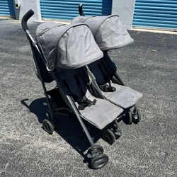Joovy TwinGroove Ultralight Double Grey Stroller! Good condition! Light spots on seat and retractable shade see pics. Easy to fold!