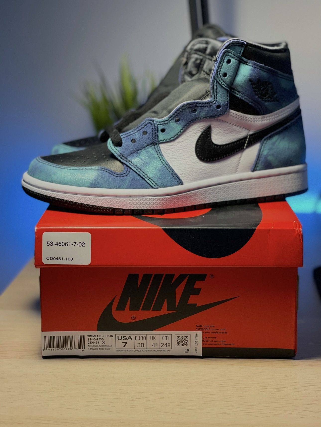 Air Jordan 1 Retro OG High Tie-Dye Green Black White CD0461-100 Women's Size 7