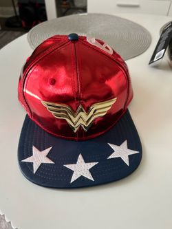 Bioworld Wonder Woman Metallic Red Blue Fabric Snapback Cap with Stars Logo