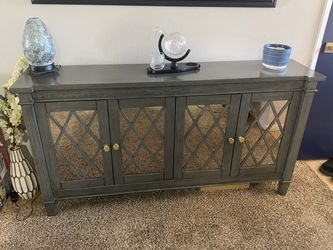 Gray Wood Sideboard Buffet Cabinet with Mirrored Doors