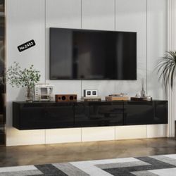 63" Large Storage Media Console with 3 Drawers ,Floating LED TV Stand for TVs up to 70 Inch, Wall Mounted Entertainment Center with LED Lights, for Li