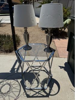 Glass Chrome Side Table + Pair of Lamps — $50 OBO