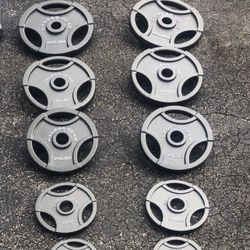 FULL SET OF OLYMPIC FITNESS GEAR EASY GRIP PLATES (PAIRS OF) : 45s  35s  25s  10s  5s  2.5s 