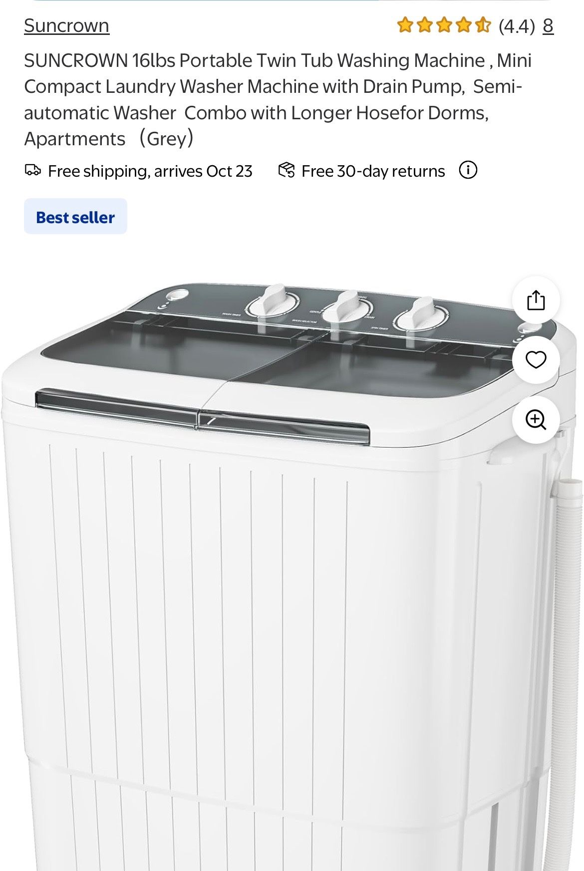 SUNCROWN Mini Compact Laundry Washer 16lbs Portable Twin Tub Washing Machine Drain Pump NEW Grey 
