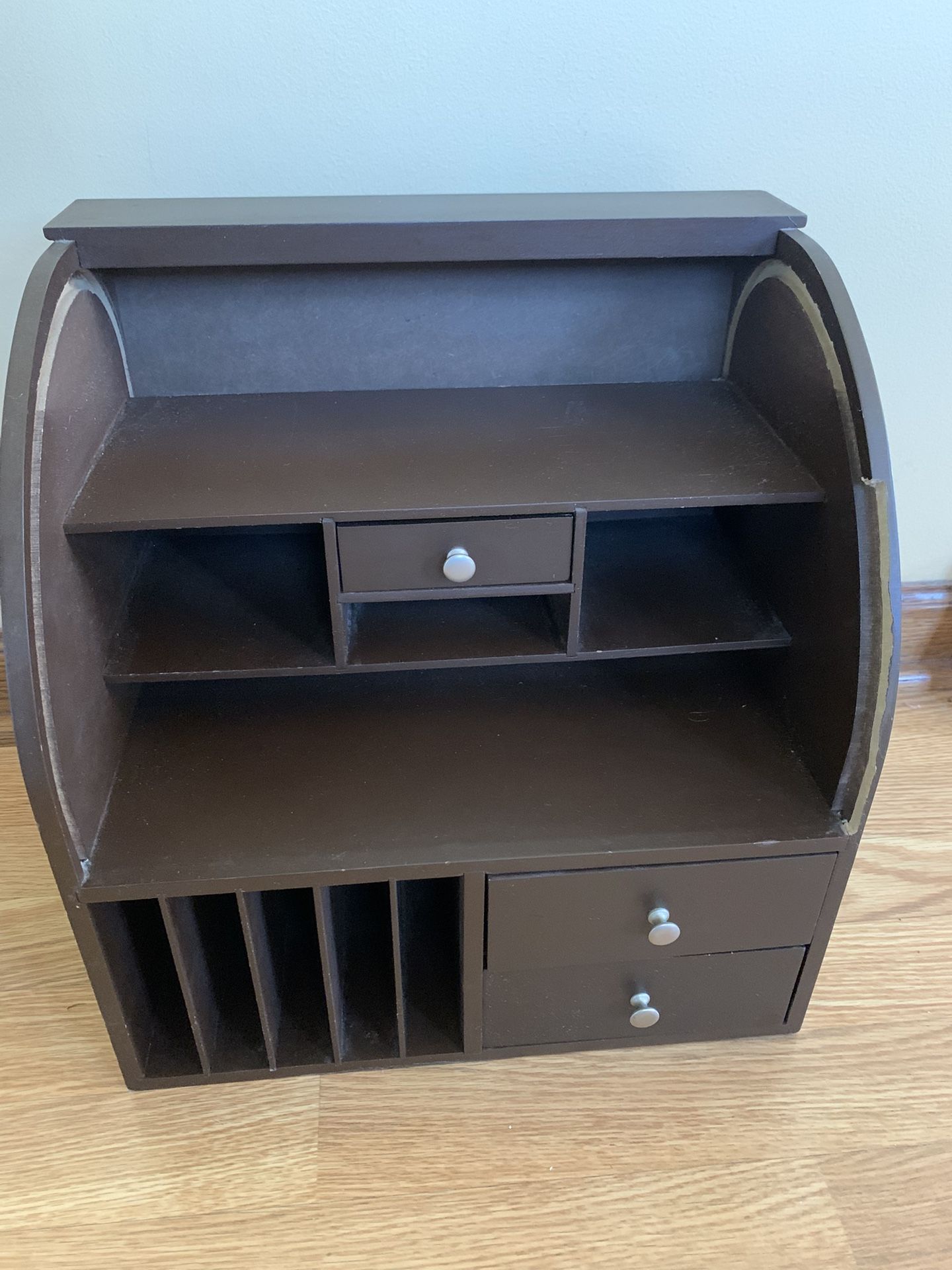 Cute wooden mailing/office station with 3 drawers, shelves & mailing slots. Scuff on inside as shown in photo. 14” Wide- 15” tall- 10” deep. 