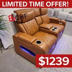 Brown Power Double Reclining Love Seat with Center Console, Power Headrests, Storage Arms(Top and Side), Cup holders, Charging Ports and LED lighting