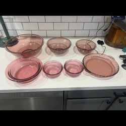 Cranberry Pyrex / 3 vision ware dishes