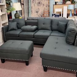 Charcoal color Linen Sectional Sofa with storage ottoman and 2 accent pillows