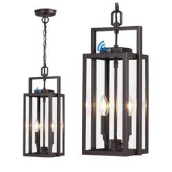 4452: 17.8'' Large Dusk to Dawn Outdoor Pendant Light 2-Light, Modern Brown Metal Outside Chandelier Exterior Hanging Fixture Ceiling Mount with Clear