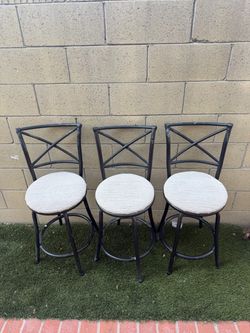 FREE- Set of 3 Swivel Bar Stools – Black Metal & Beige Seats