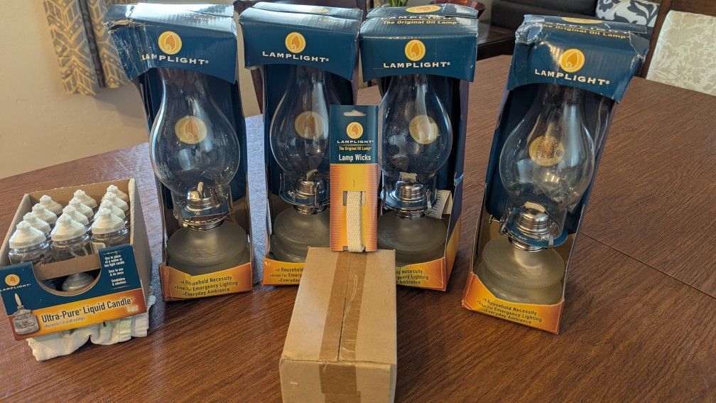 Four Original Oil Lamp By Lamp Light, Wicks & Candle Oils