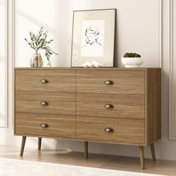 Dresser for Bedroom with 6 Drawers, Mid Century Modern Dresser with Gold Handles, Wooden Dressers & Chest of Drawers Organizer for Entryway, Oak